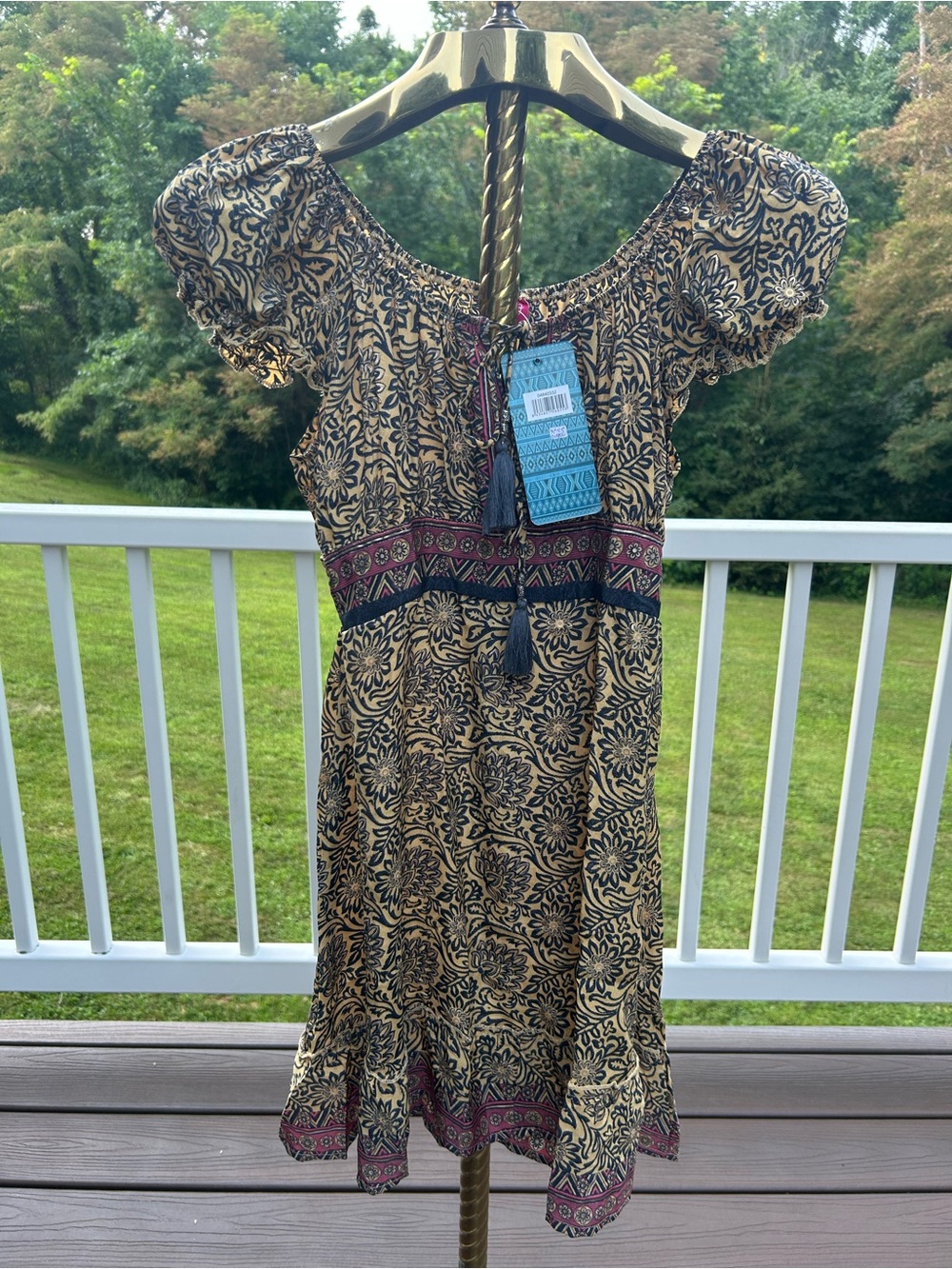 Smocked Boho Mini Dress in Tan and Black with Burgundy Trim